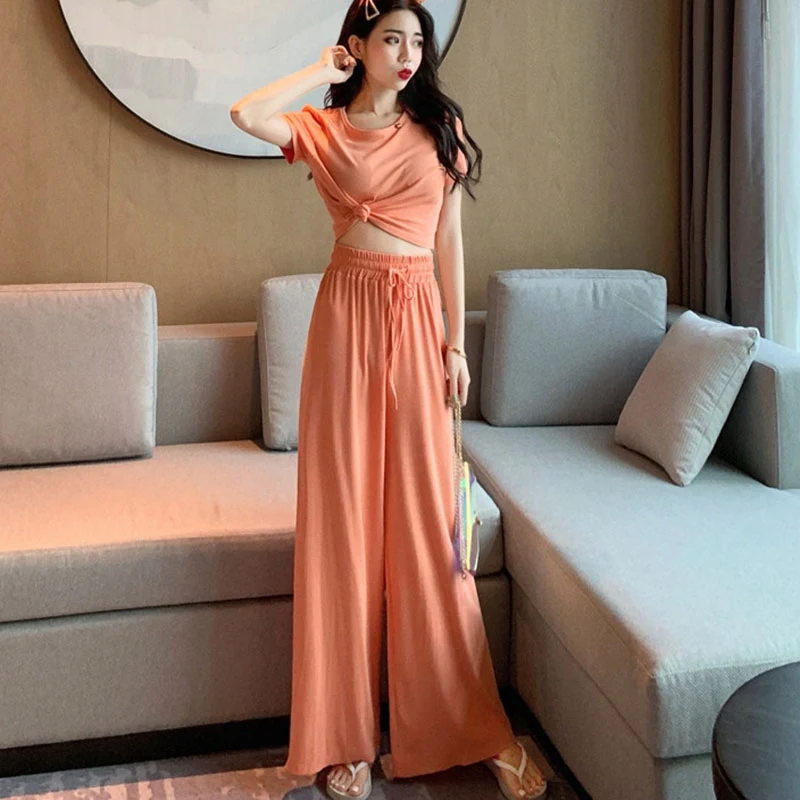 

Women Korean Version Fashion Solid Color Slim Lumbar Belly T-shirt High Waist Wide Leg top Pants Casual Suit 2 Piece Set