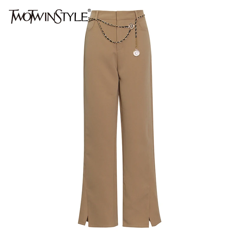 

TWOTWINSTYLE Black Patchwork Chain Casual Trousers For Women High Waist Split Straight Pants Female 2021 Spring Fashion Clothing