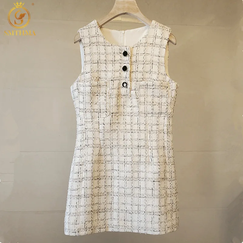 

SMTHMA High Quality Newest Fashion 2021 Runway Designer Sleeveless Dress Women's Short Sleeve Tweed Woolen Plaid Dress Vestidos