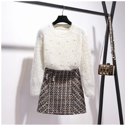 Sweater and Skirt Smthma/Новые осенне-зимние женские комплекты из 2 предметов, Женский Яркий шелковый свитер с длинными рукавами+ твидовая юбка с жемчужинами - Цвет: Sweater and Skirt