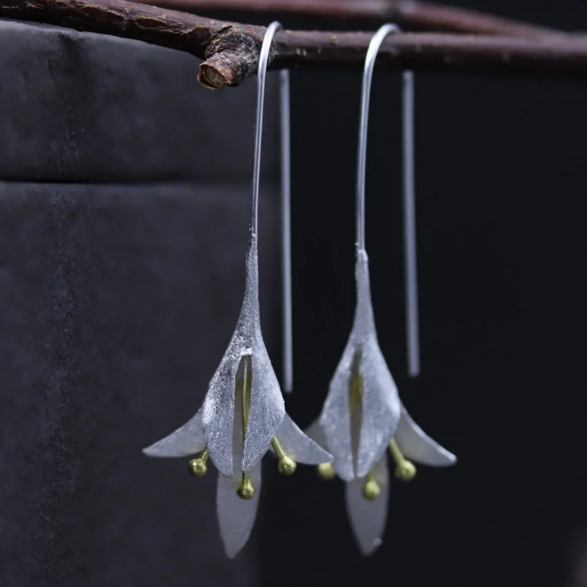 

S925 sterling silver temperament beautiful lily earrings female Real silver Lily Drop Earrings female jewelry gift