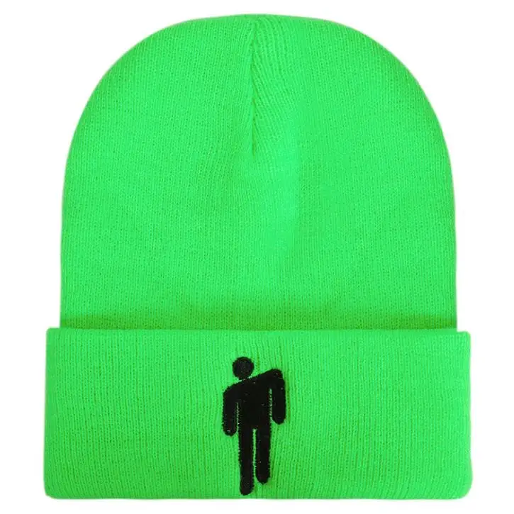 Fluorescent green Billie Eilish Beanie for Women Men Unisex Knitted Billie Eilish Hat Embroidery Cartoon Autumn Winter Hip Hop Skullies Cap - Цвет: Fluorescent green