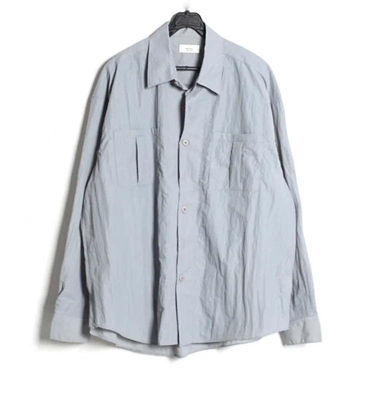 

Long sleeve shirt men's new trend loose solid color handsome Pocket Shirt