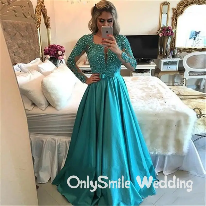 

Robe De Soiree Arabic Prom Dresses Long Sleeves Elegant Beaded Lace A-line Satin vestido de fiesta largos de noche elegante 2019
