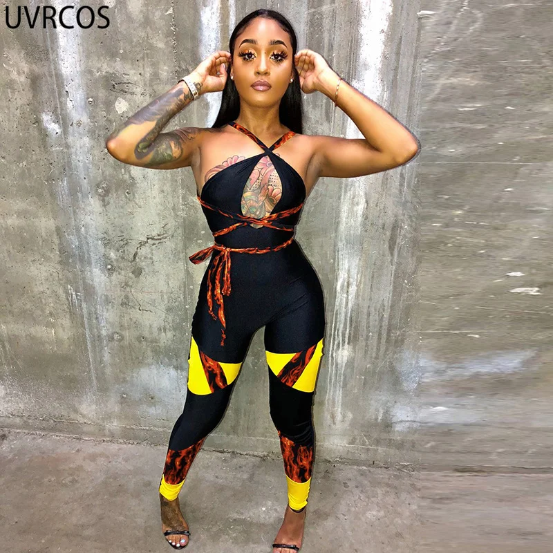 

UVRCOS Jumpsuit Women Summer 2021 Cut Out Sexy Clubwear New Strap Halter Print Bandage One Piece Overalls Long Rompers Playsuits