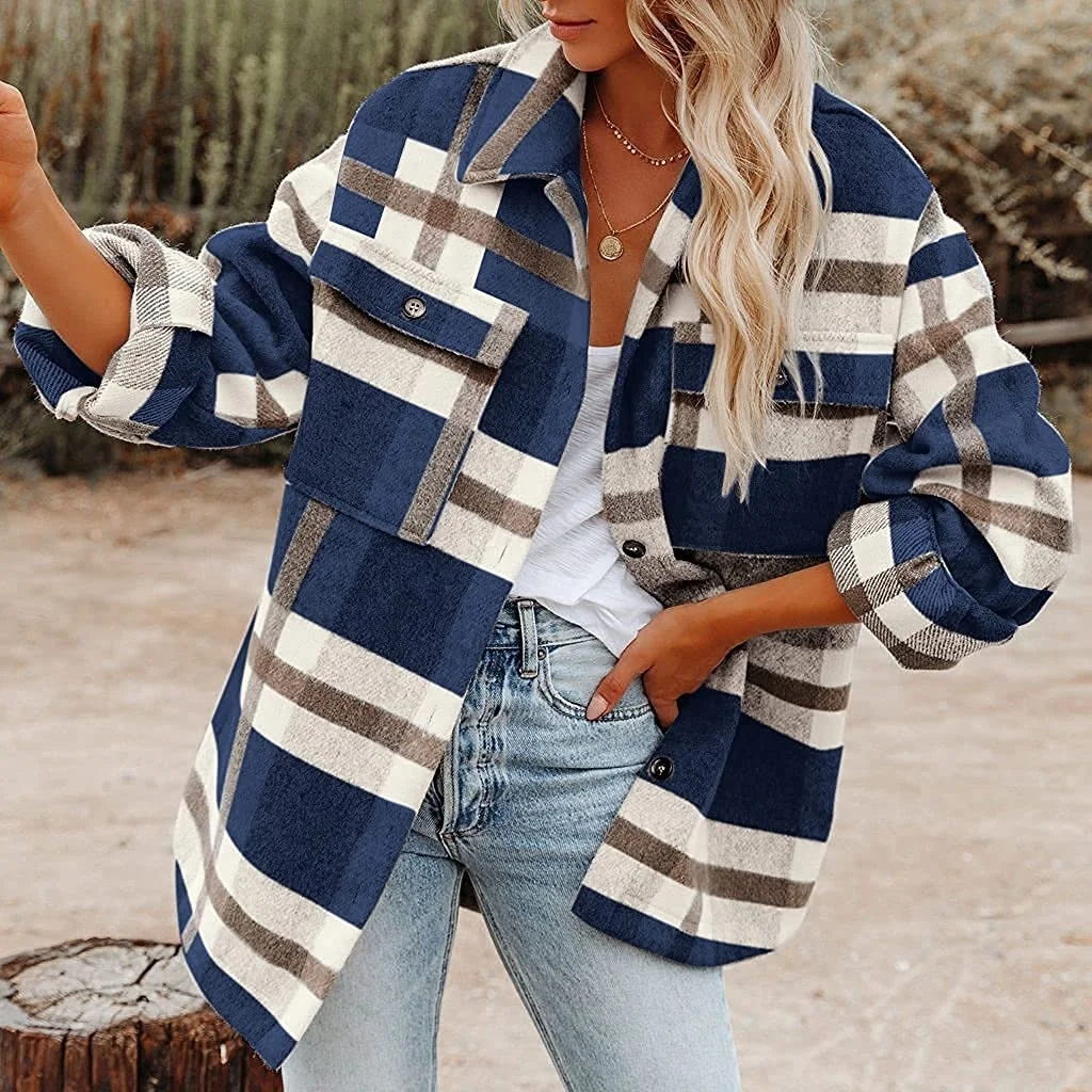 Women's 2022 Pattern Printed Shirt Buttom Long Sleeve Tops Autumn Winter New Plaid Button Shirt Flannel Coat