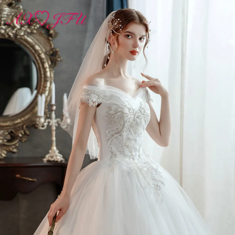 

AXJFU princess flower lace white wedding dress vintage boat neck beading crystal pearls sparkly lace up white wedding dress