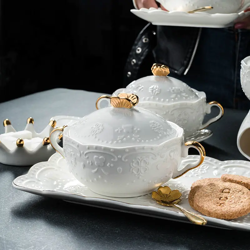 European-style Dessert Small Tableware Embossed Soup Cup with Lid Ceramic Bowl Stew Creative Household Health Dish Set | Дом и сад