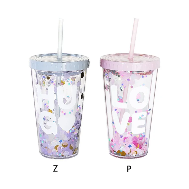 

ZL Polka Dot Sequin Water Cup Double-layer Plastic Straw Cup Cute Water Cup Hand Cup Letter Printing Cup