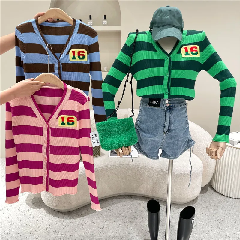 

Contrasting Color Print Patchwork Striped Knit Cardigan Women's Summer Casual Korean Style Thin V-Neck Single-Breasted Thin Top