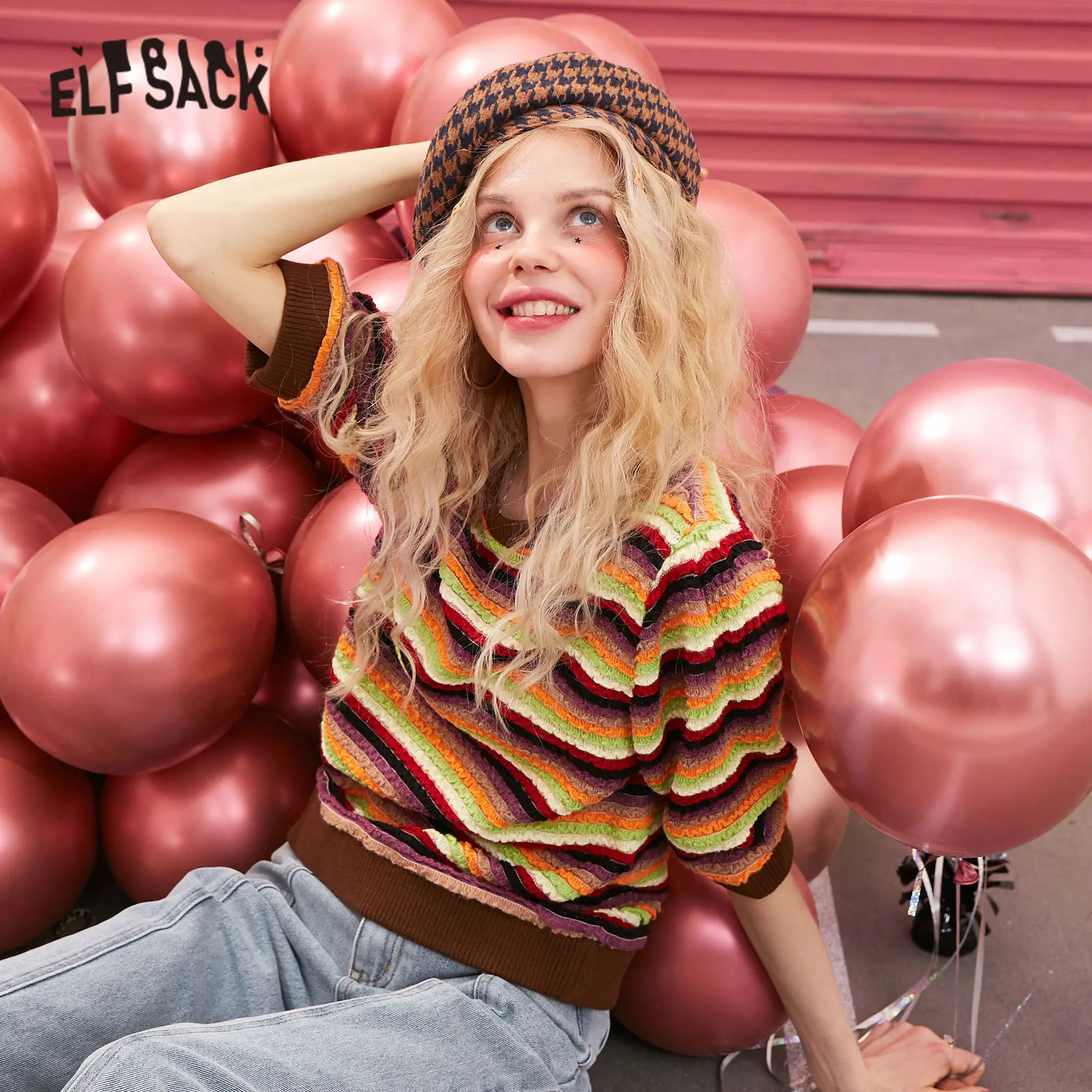 ELFSACK Rainbow Striped Korean Knit Pullover Sweater Women Clothes 2020 Spring Vintage Colorblock Female Slim Office Ladies Tops | Женская