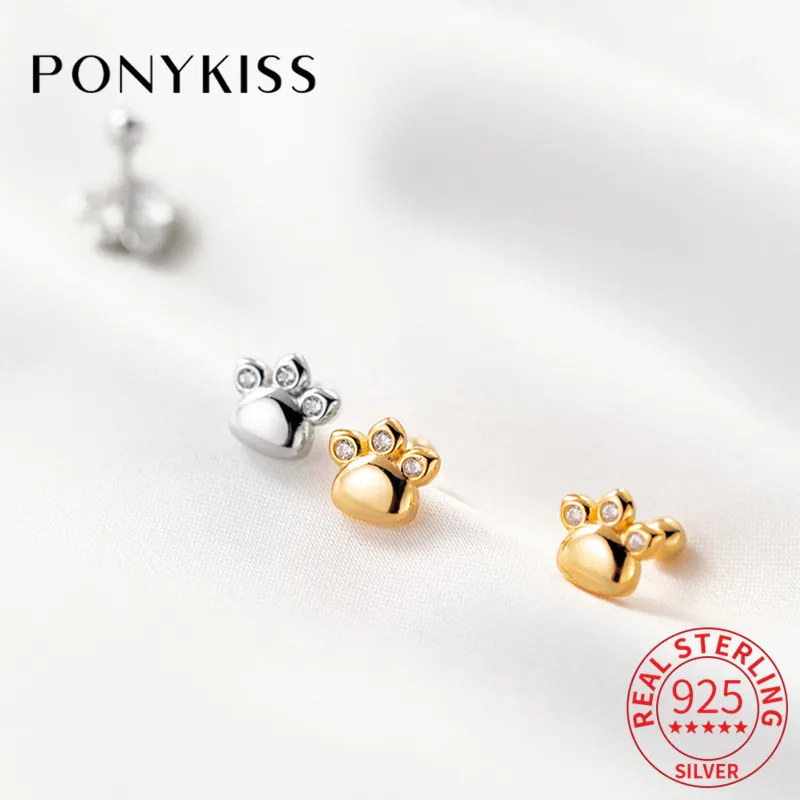 

PONYKISS Trendy 925 Sterling Silver Cute Cat Animals Paw Zircon Stud Earrings for Women Party Fine Jewelry Minimlist Accessory