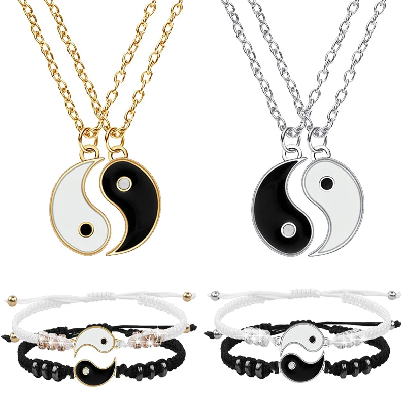Tai Chi Yin Yang Couple Bracelets Necklaces Set Alloy Pendant Adjustable Braid Chain Bracelet Matching Lover | Украшения и