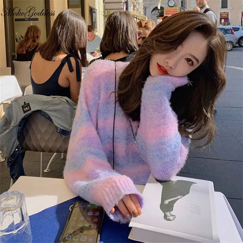 

Rainbow Knitted Sweater Women Winter Sweet Knit Pullover Sweater Female High Street Kawaii Elegant Korean Tops Women 2020 New