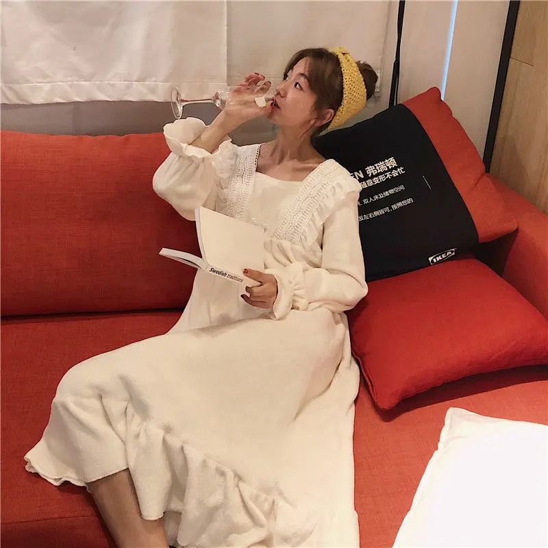 Женская фланелевая одежда для сна SOUGEN, Осенние ночные рубашки, женская одежда для сна в Корейском стиле, одежда для сна с воротником-поло, Ми...