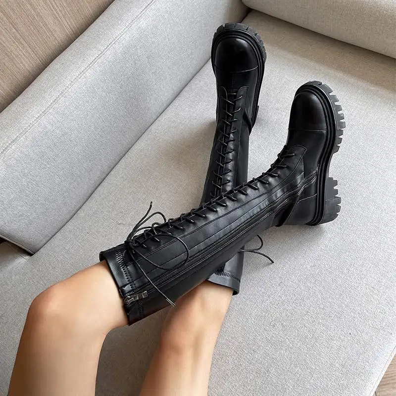 Harga Sepatu Bot Krazing Pot Kulit Sapi Berkendara Ksatria Ujung Bulat Musim Dingin Diikat Silang Tetap Hangat Merek Dasar Med Heels Sepatu Bot Setinggi Lutut Tampan