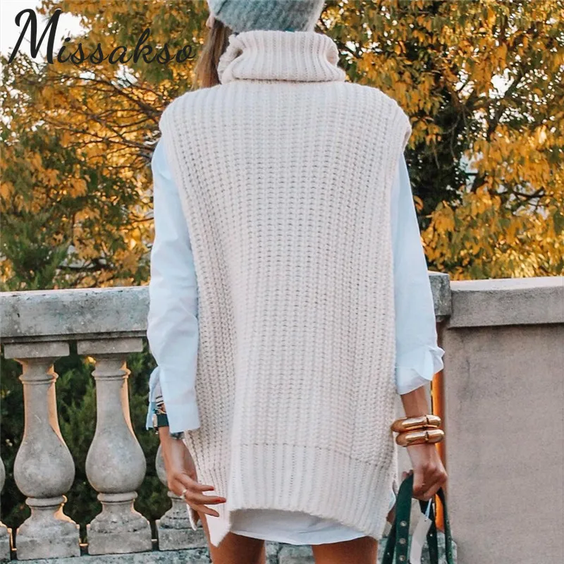 

Missakso Women Turtleneck Vest Sweater Streetwear Knitted Casual Autumn Winter Jumper Solid Loose Fashion Pullover Female