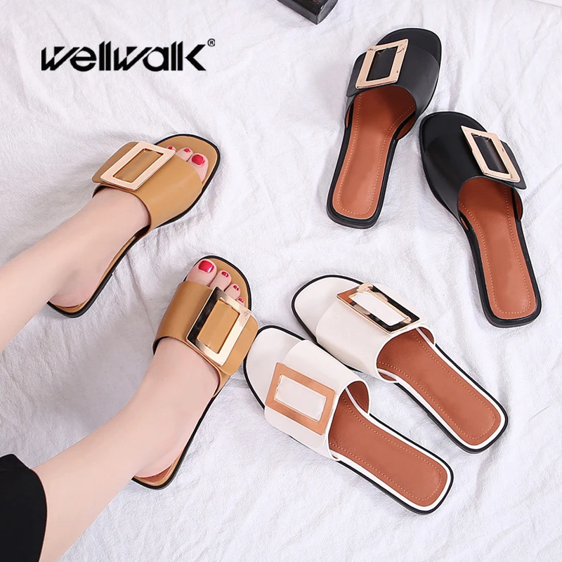 Сланцы женские с квадратным носком модные шлепанцы пряжкой летняя обувь для