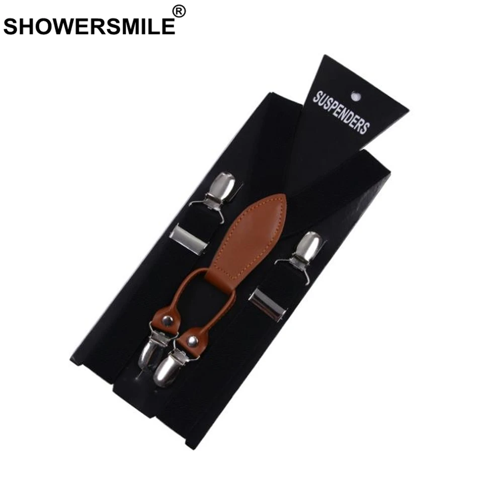 black SHOWERSMILE подтяжки для женщин, кожаный сплав, 4 зажима, подтяжки, желтые тиранты, женские подтяжки для взрослых, подтяжки для брюк - Цвет: black