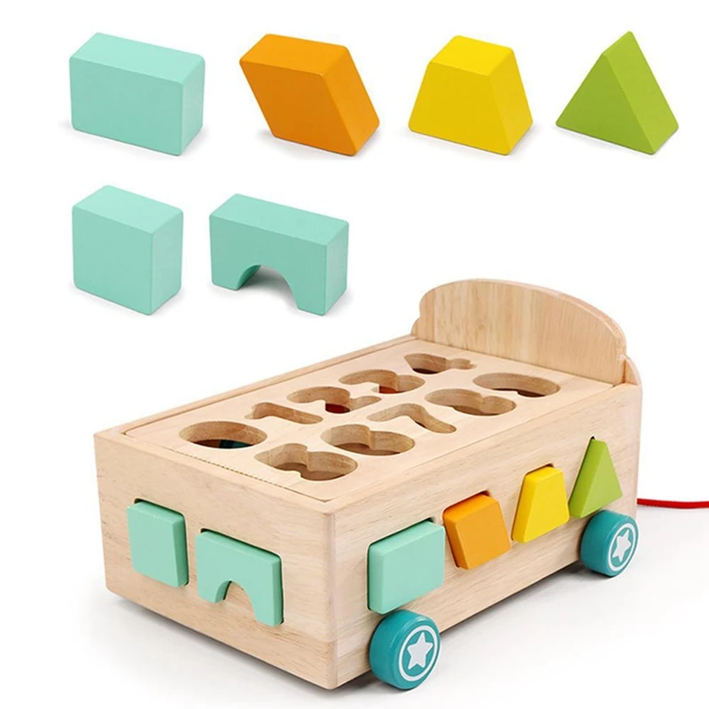 

Kids Wooden Drag Car Toys Geometric Shape Building Blocks Matching Toys Assembly School Bus Early Education Puzzle Toys