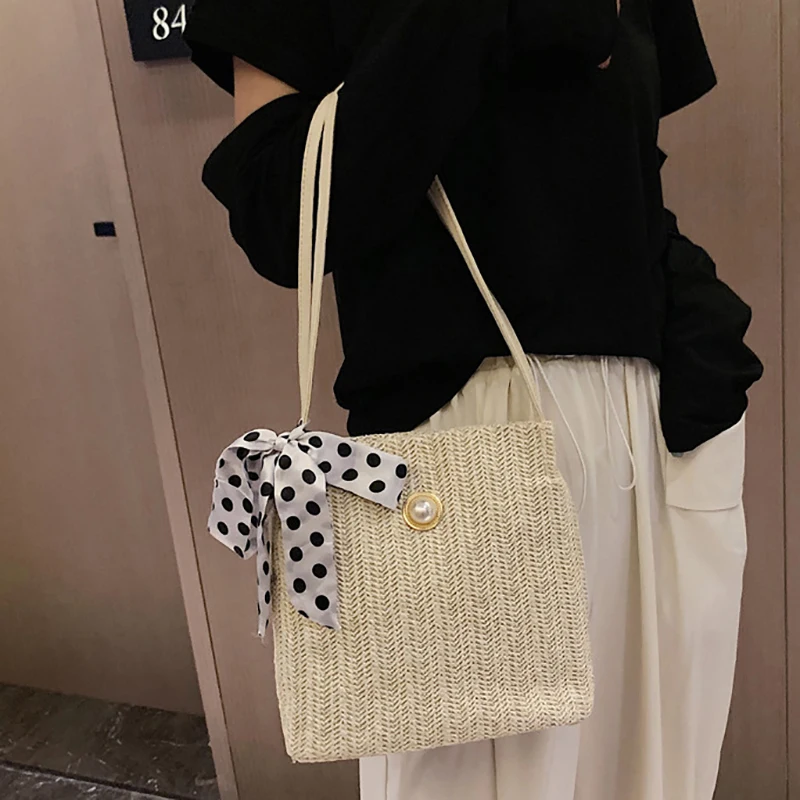 

Повседневная Женская тканая сумка 2020 корейский пляжный стиль простые кружевные сумки на плечо для женщин модные сумки с шнурком