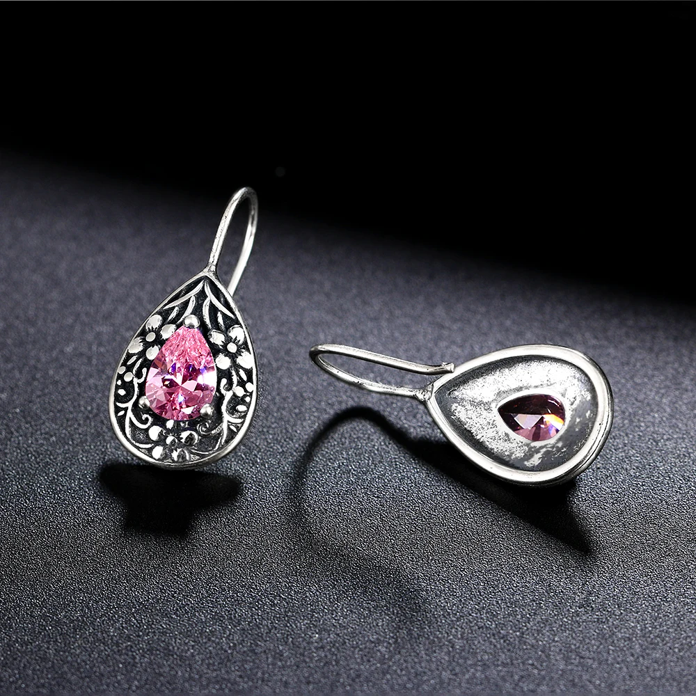 

Vintage Pear-shaped Earrings for Women Water Drop Pink Zircon Earrings 925 Sterling Silver New Dangle Ear Jewelry