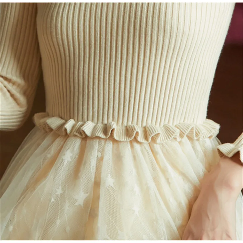

2019 Autumn Women Long Sleeve Knitted Patchwork Mesh Dress Elegant Lady Long O-neck Ball Gown Dressess Vestidos Bottomings W1062