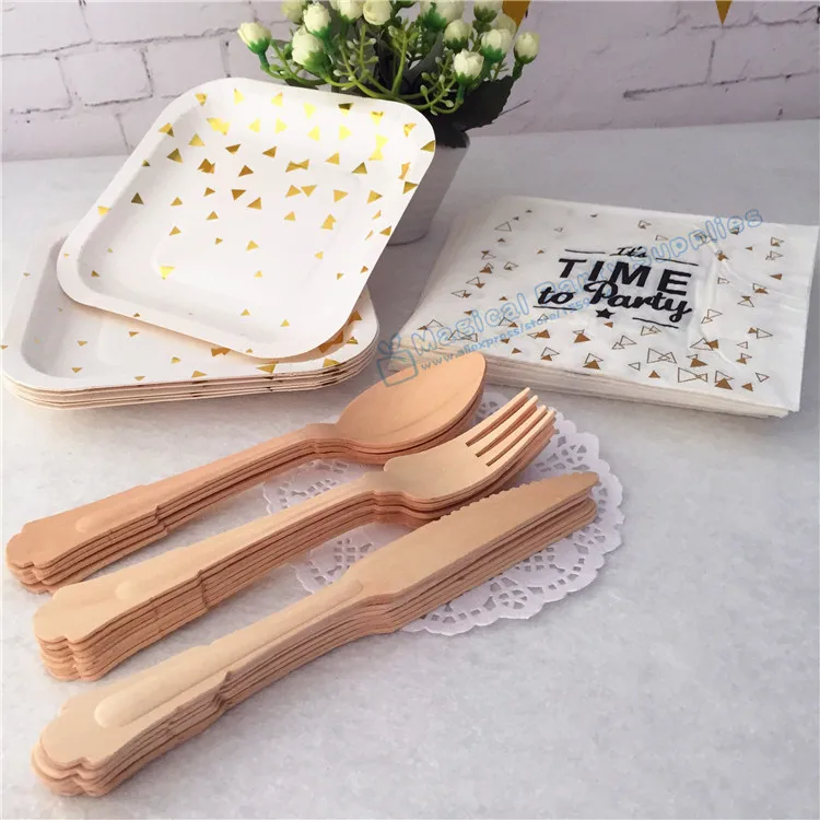 

40 People Party Tableware Metallic Gold Paper Plates 33cm Paper Napkin Delicate Wooden Cutlery Spoon Fork Knife for Birthday
