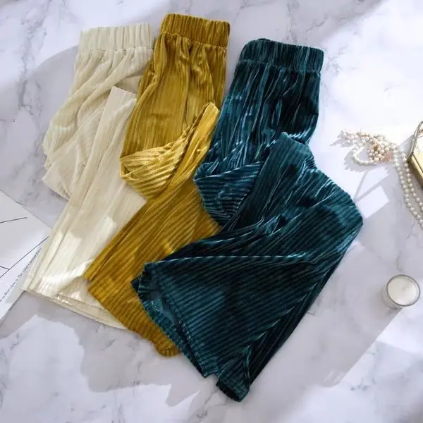 Женские бархатные широкие брюки свободные прямые длинные с высокой талией для