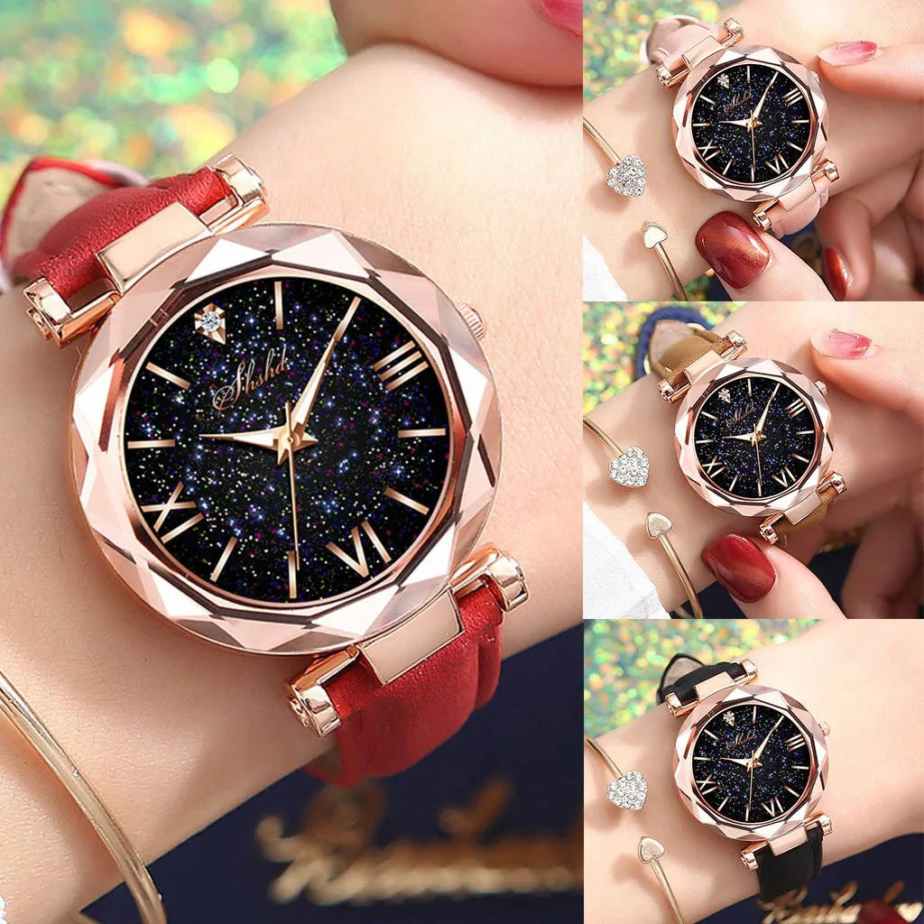 

Fashion Roman Scale Watch Women's Quartz Diamond Wristwatch Stars Little Point Frosted Belt Watch Men and Women Casual Watch