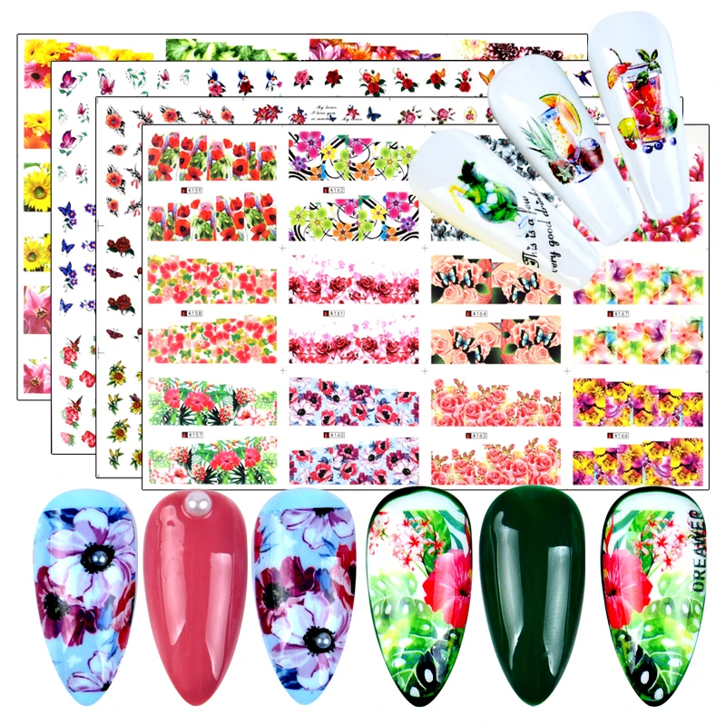 

12 дизайнерские наклейки для ногтей смешанные бабочки для дизайна ногтей Переводные переводные наклейки слайдеры Цветочные листья украшен...