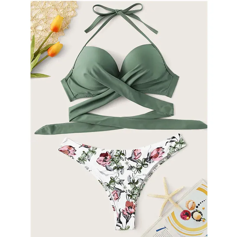 Женский бандажный купальник бикини с цветочным принтом пуш-ап пляжная одежда 2020 |