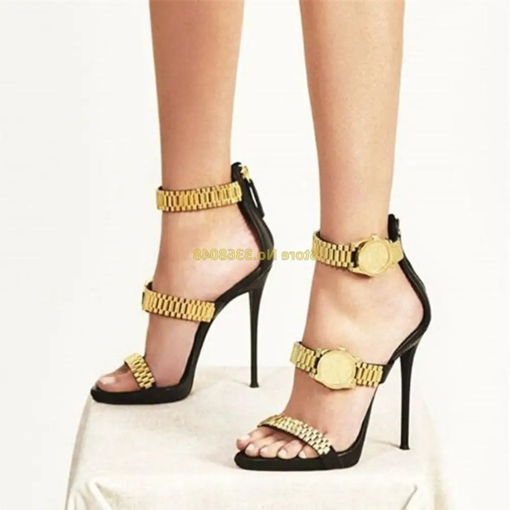 

Gold Metal Chain Sandals Open Toe Thin High Heel Back Zipper Open Toe Stiletto High Heel Runway Dress Women Shoes
