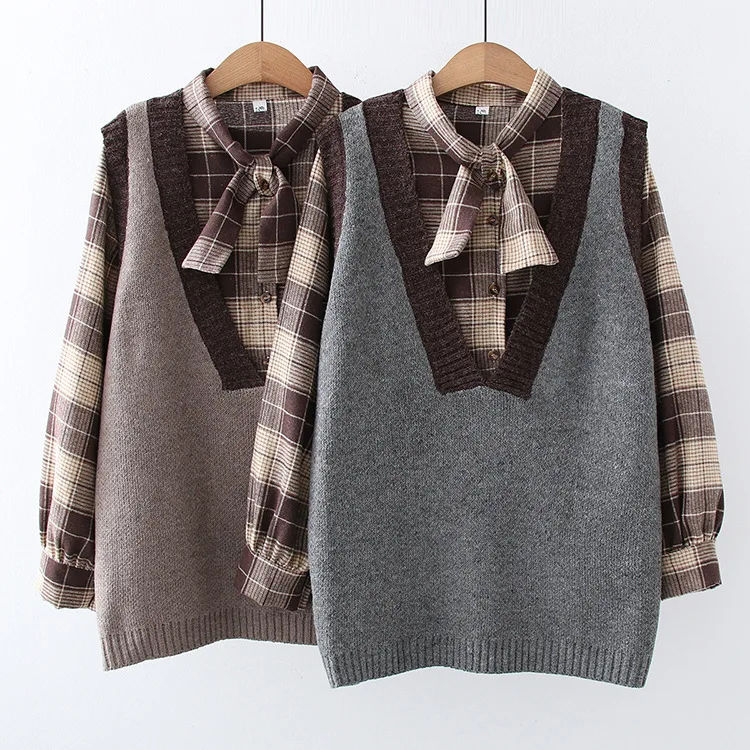 

women clothing 2 pieces autumn winter loose plaid cute sweater