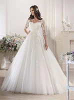 2021tulle half sleeve wedding dress o neck ball gown appliques lace crystal pearls casamento bridal gowns illusion back