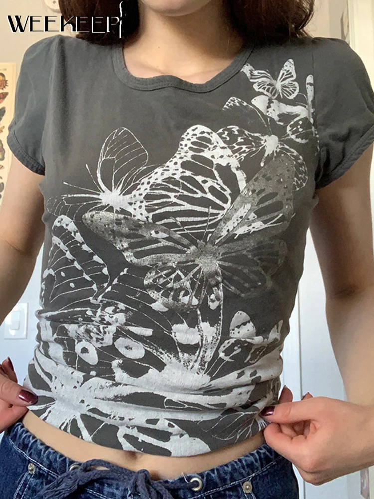 

Weekeep Grunge Women T Shirts Casual Butterfly Graphic Basic Short Sleeve Slim Knit Crop Top For Summer Y2k Aesthetic Pullovers