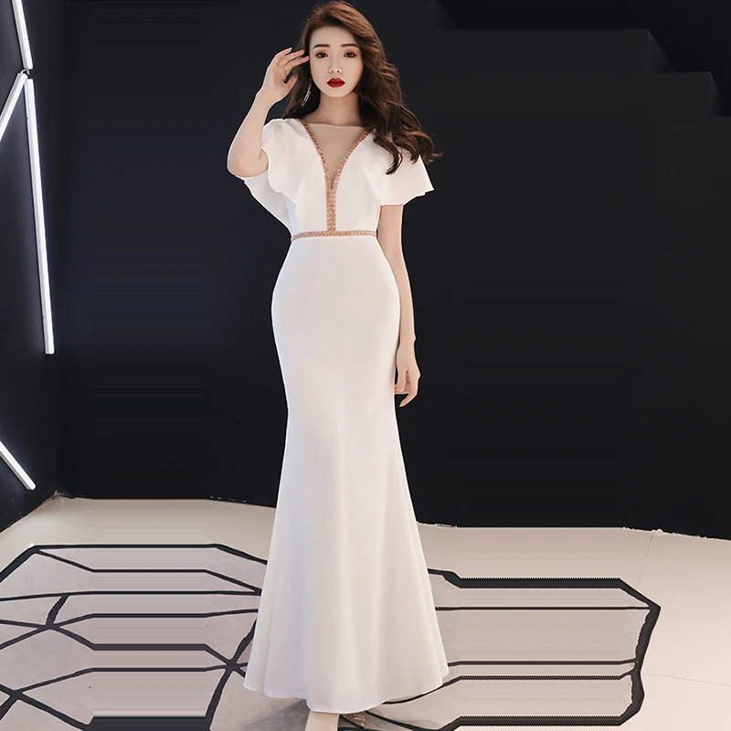 Женское вечернее платье до пола элегантное однотонное с круглым вырезом