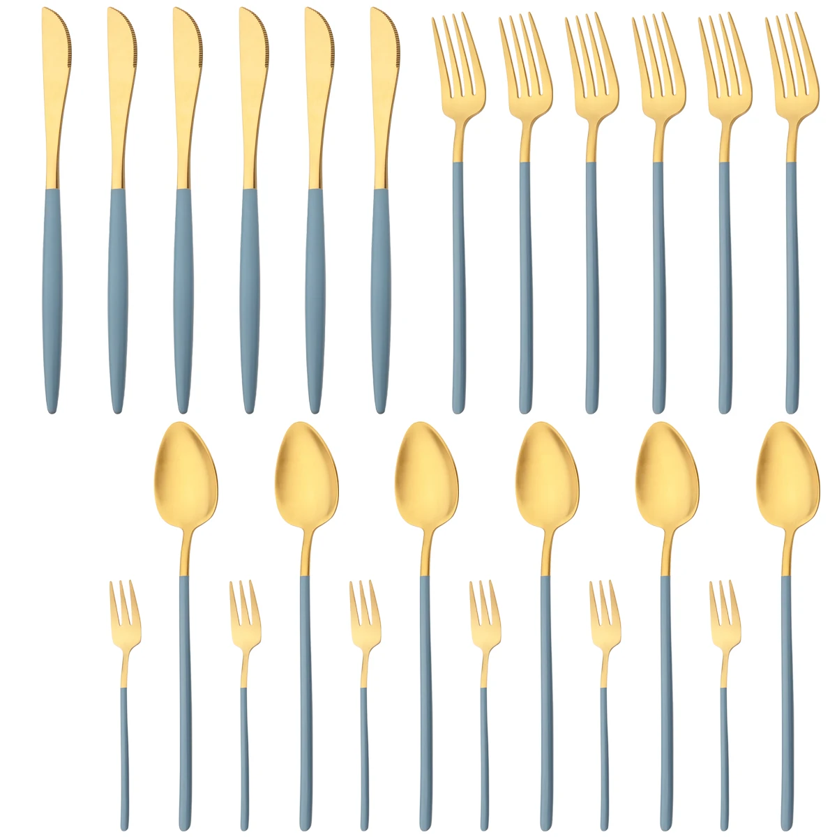 

Винтажный набор столовых приборов из нержавеющей стали синего и золотого цвета 304, набор столовых приборов, нож, вилка, кекс, чайная ложка, ст...