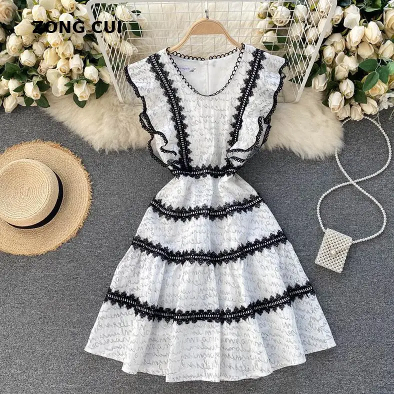 

Женское кружевное платье до колен, элегантное праздвечерние чное платье-миди без рукавов, с круглым вырезом и оборками в уличном стиле, лето