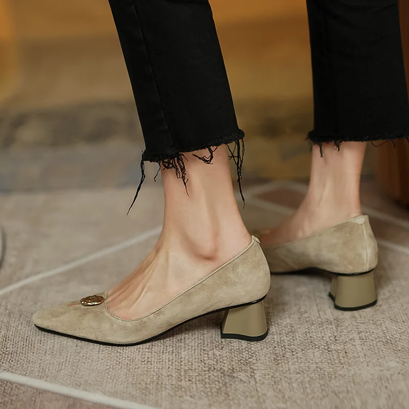 

Women's natural suede leather thick low heel pointed toe slip-on pumps hollow-out botton decoration OL style elegant slim shoes