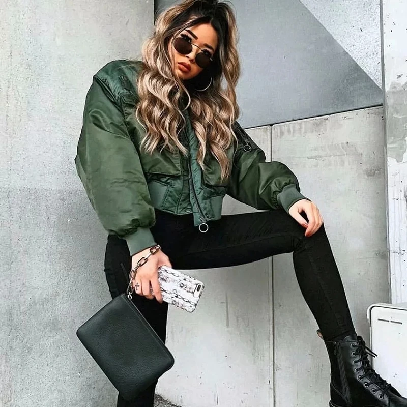 

2021 Stylish Lady Autumn Winter Za Green Short Jackets Women Fashion Long Sleeve Zipper Bomber Jacket Outwear Women's Coat
