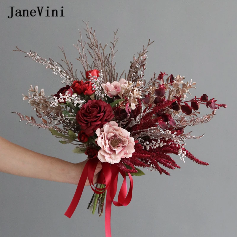 

JaneVini Vintage Burgundy Bridal Bouquets Silk Roses Reed Handmade Bride Holding Flowers Eucalyptus Wedding Bouquet Accessories