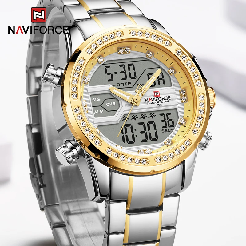 

NAVIFORCE Men's Quartz Watches Luxury with Diamonds Luminous Big Dial Led Digital Waterproof Steel Strap Watch Relogio Masculino