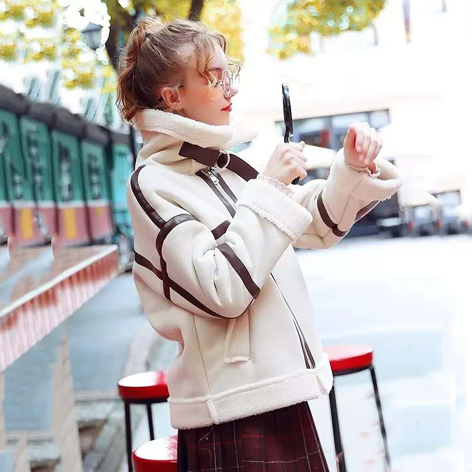 Женская куртка из овечьей шерсти с длинным рукавом на шнуровке зимняя утепленная