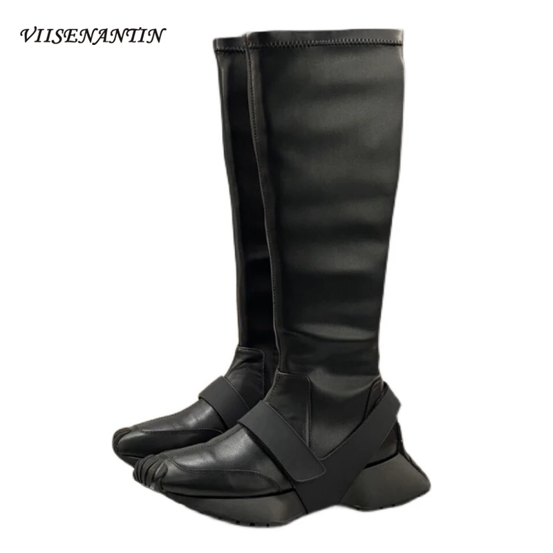 

Genuine Leather Heightened Casual Stretch Boots Long Boots Casual Thick-soled Black All-match Trend Martin Boots Knight Boots