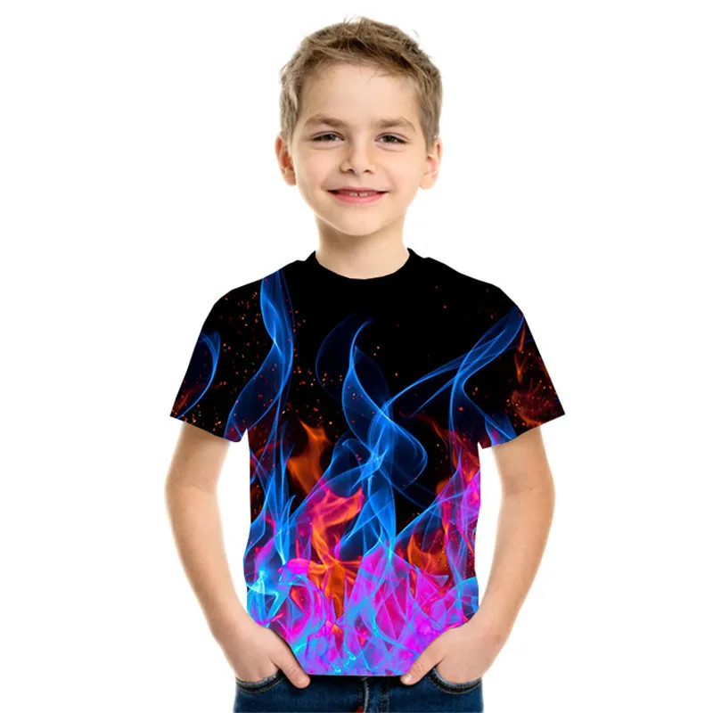 

2021 Summer Children's Flame Printing 3D Printing Kids Clothes Street Casual Round Neck T-Shirt