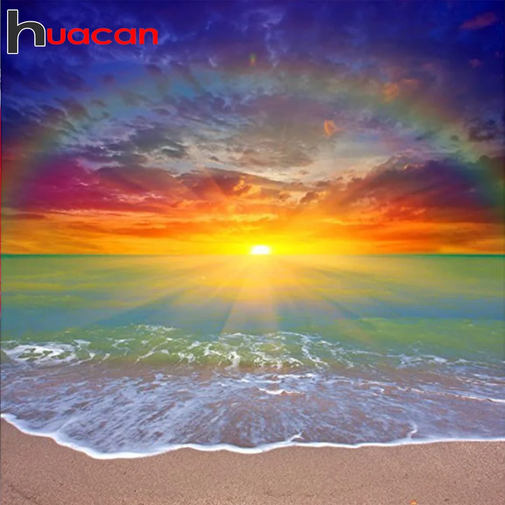 

Huacan DIY алмазная живопись закат Алмазная вышивка побережье стразы камни в форме ромба/Круглая Мозаика Декор для дома