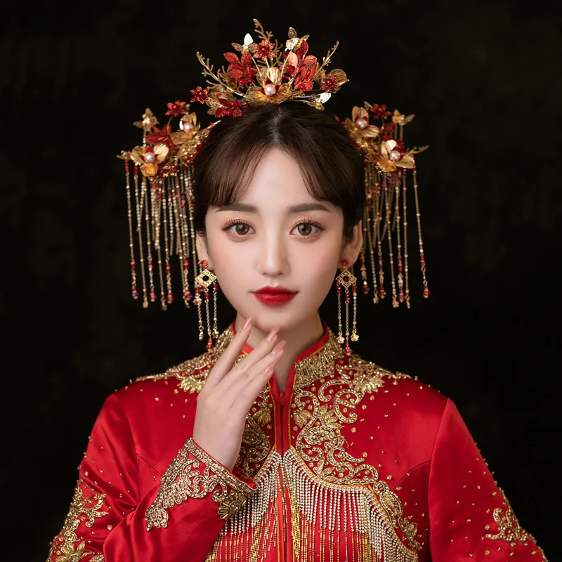 Древний костюм, тиара, свадебная, китайская, стильная, кисточка, феникс, корона, шпилька, венок, наряд для волос невесты.