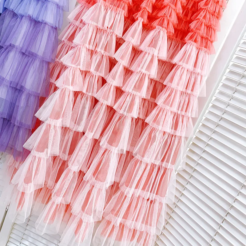 

2021 Summer New Gradient Color Puffy Skirt Women High Waist Slim Large Hem Stitching Mesh A- Line Skirt Vacation Dancing Skirt