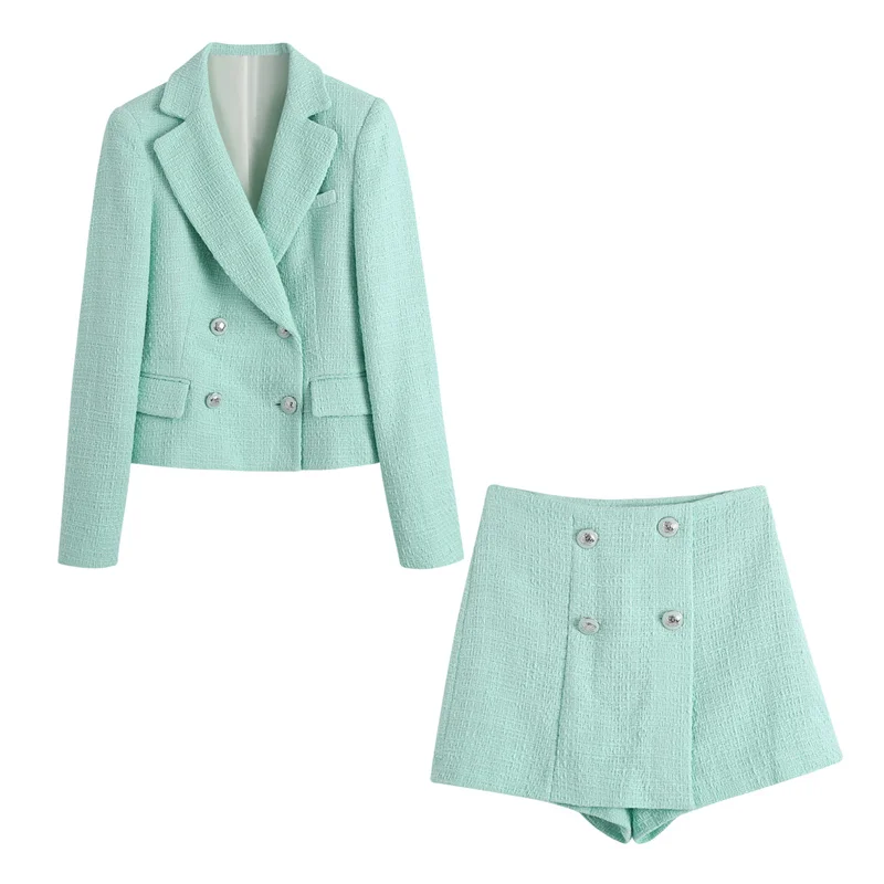 

Elegant casual blazer sets for office women Solid green 2 pieces lady summer Fahsion pockets blazer short pants female